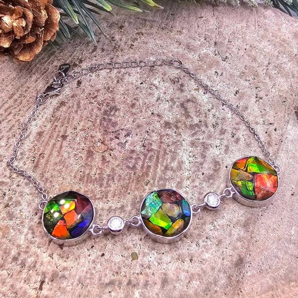 Nature Rainbow Flashy Ammolite Inlay 925 Bracelet - Picture 5 of 9